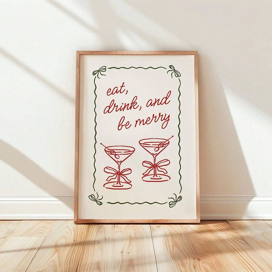 Eat drink and be merry wall art print displayed beside a Christmas tree and window