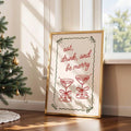 Festive martini glass canvas poster styled on a fireplace mantel with holiday greenery