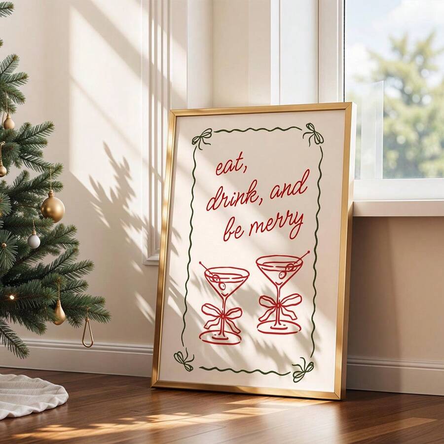 Festive martini glass canvas poster styled on a fireplace mantel with holiday greenery