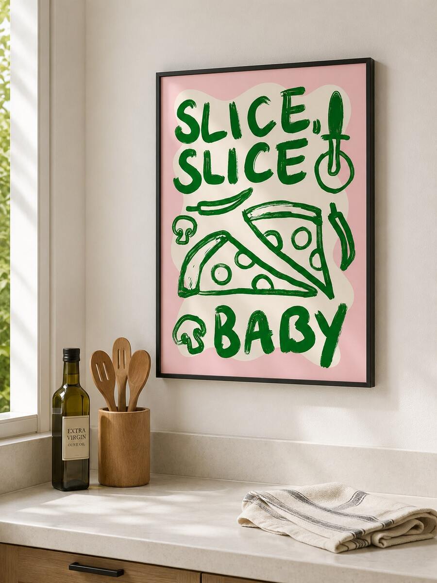 Hand-drawn pizza canvas poster styled beside olive oil and wooden utensils