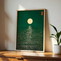 Emerald cream gold and red minimalist moon canvas poster in a black frame