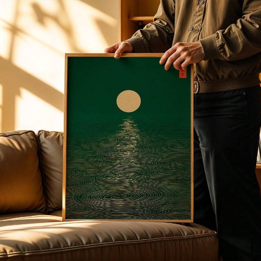 Japanese inspired moon water canvas poster displayed above a home console