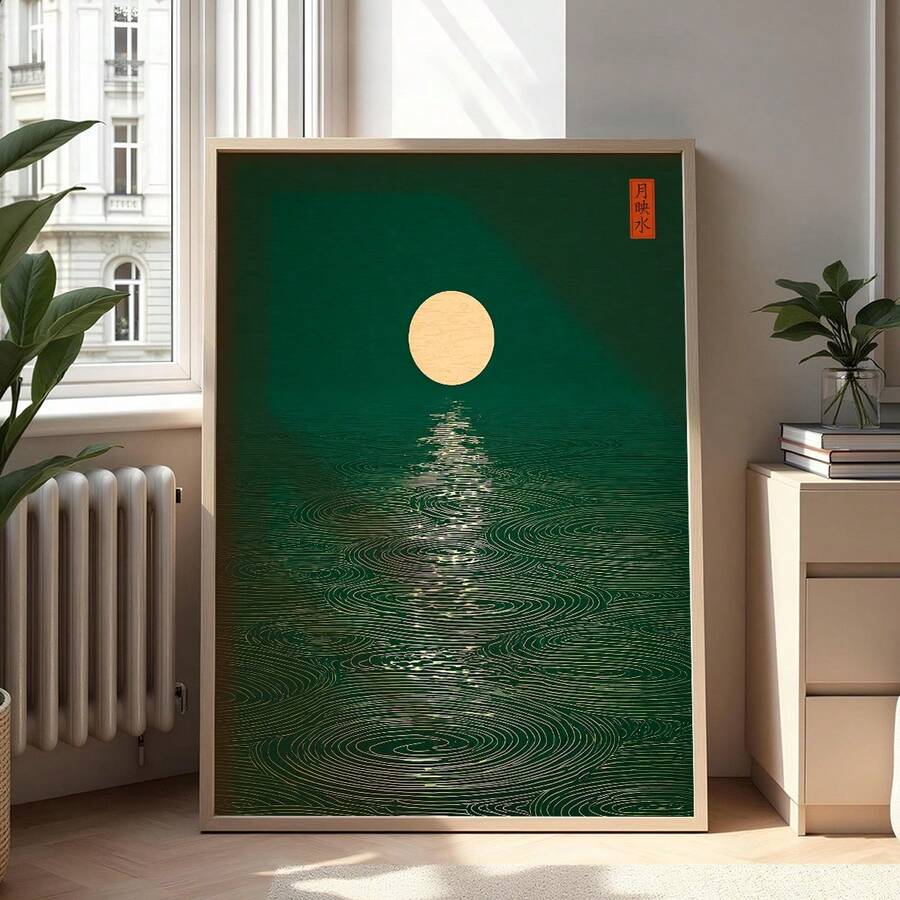 Zen water ripple wall art styled in a wood frame beside natural furnishings
