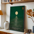 Moon reflection water ripple wall art in a warm wood frame in a home interior