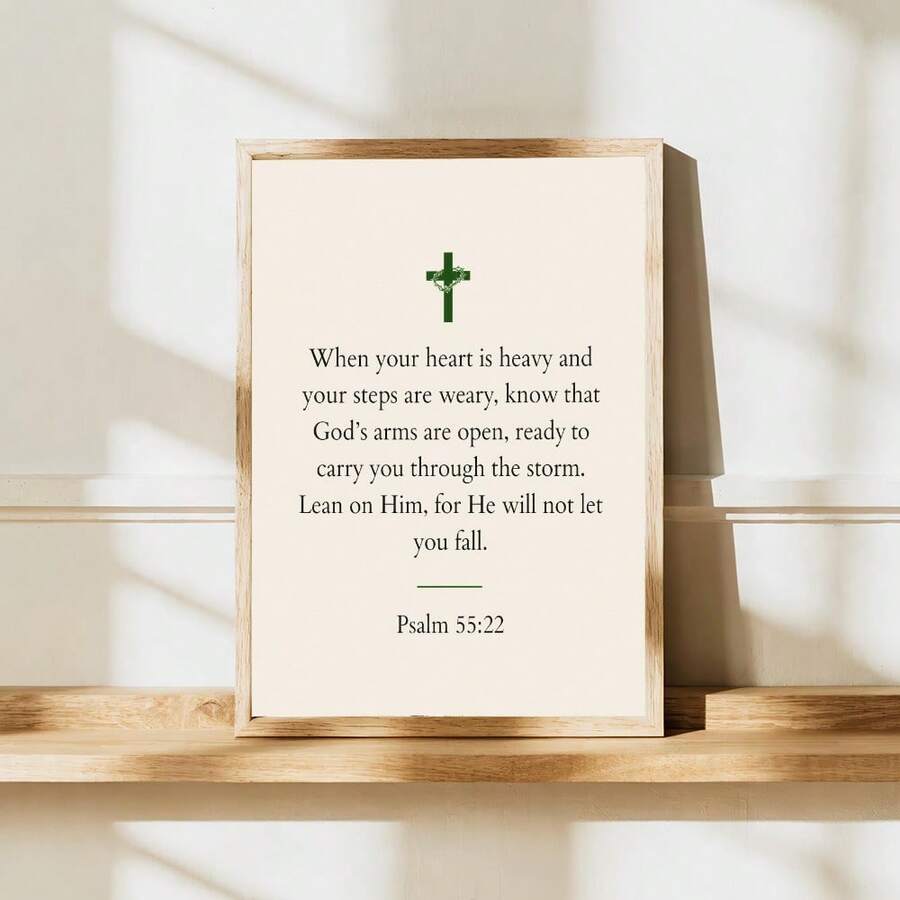 Psalm scripture cross poster in a gold frame on a wood shelf