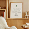 Psalm 55 22 Christian wall art in a light wood frame on a desk