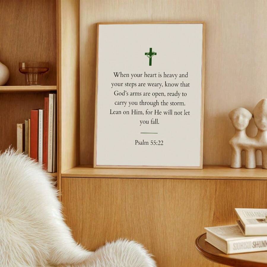 Psalm 55 22 Christian wall art in a light wood frame on a desk