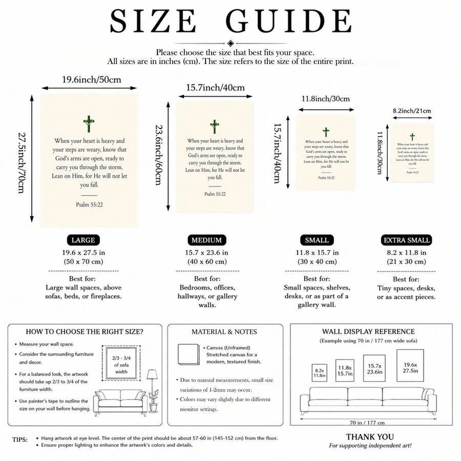 Psalm 55 22 canvas poster size guide with four portrait sizes