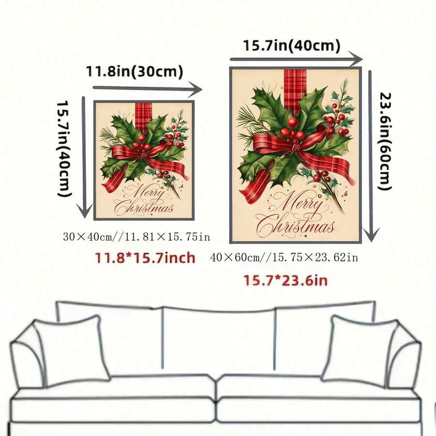 Size guide for vintage Christmas holly canvas poster in 30 by 40 and 40 by 60 centimeter formats