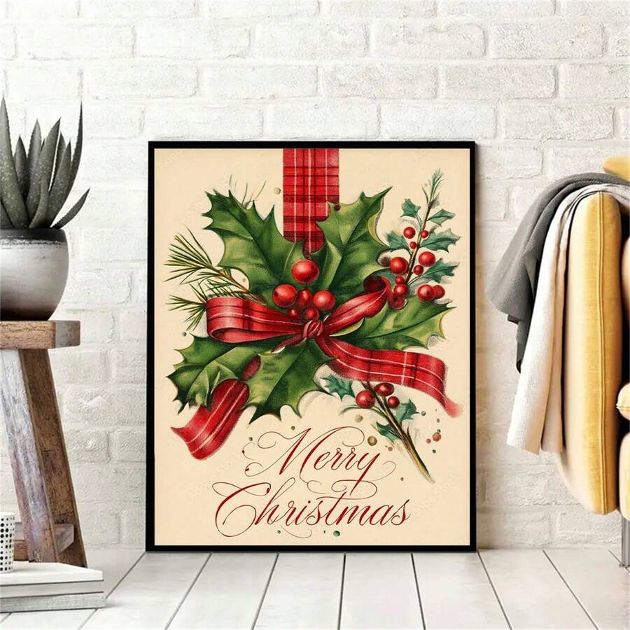 Christmas holly canvas poster displayed against a white brick wall
