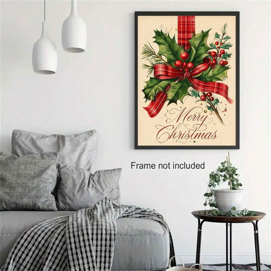 Vintage Christmas holly poster displayed unframed on a wood floor