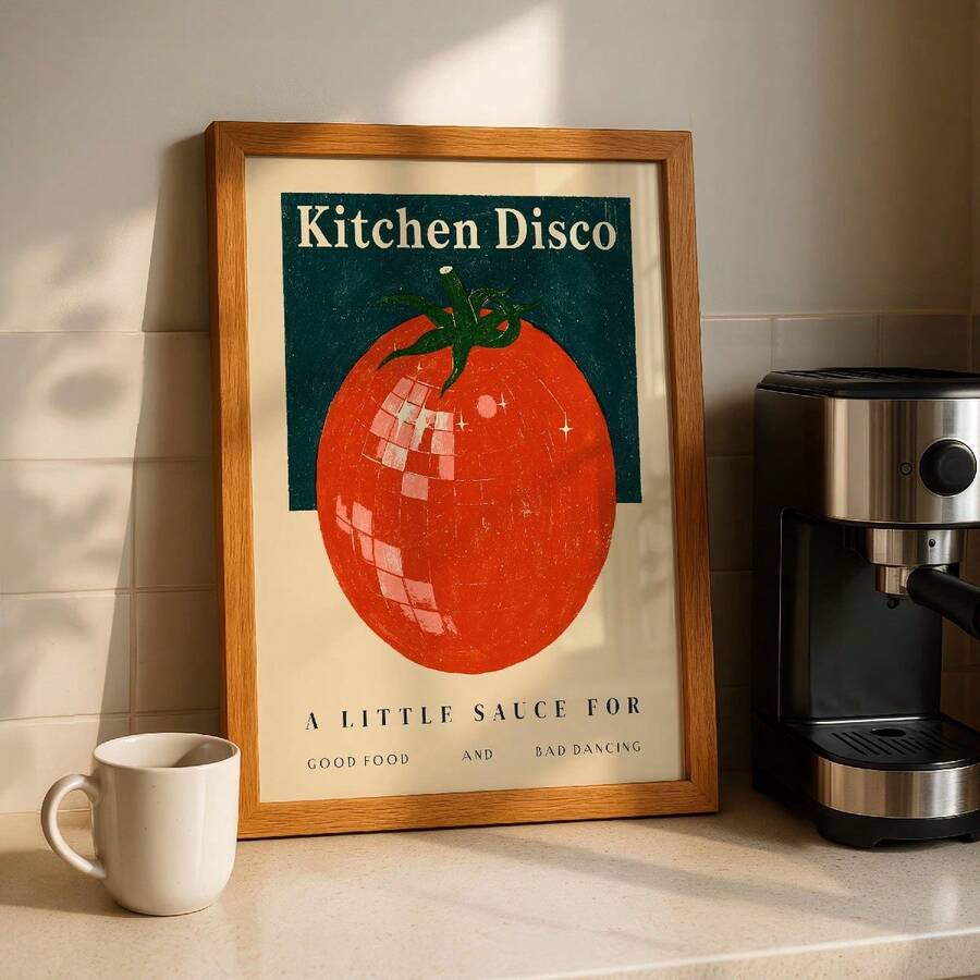 Framed Kitchen Disco tomato disco-ball poster in a sunlit vintage kitchen with cream cabinets