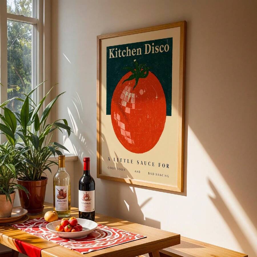 Oak-framed tomato disco ball art in a dining nook with plant wine bottles and window light