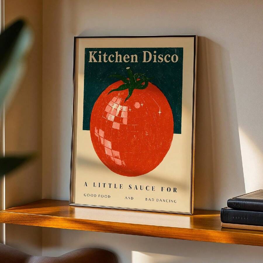 Black-framed Kitchen Disco tomato print displayed on a wood shelf with books and warm wall light