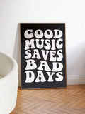Music quote canvas poster displayed above a cream chair in a warm living room