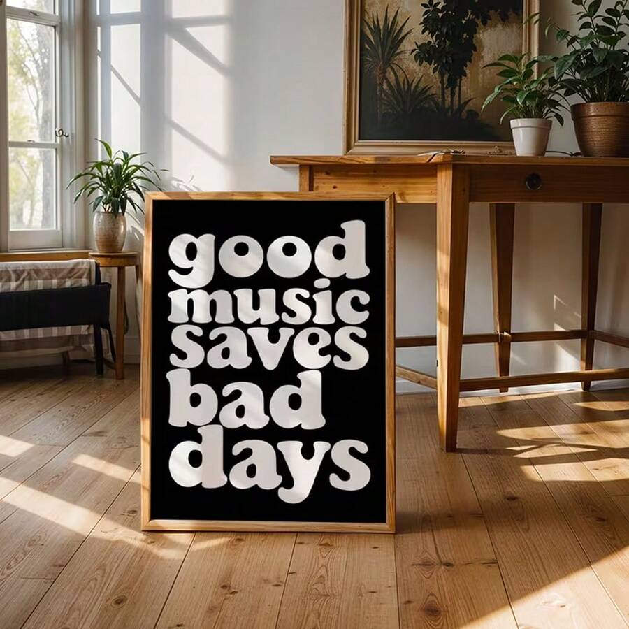 Black and white good music saves bad days canvas poster in a music room