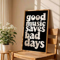 Black music lover poster in a warm mid-century style living room