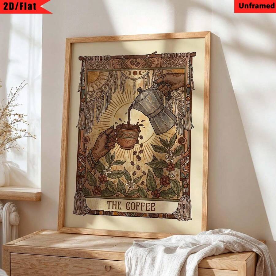 Vintage tarot-style moka pot canvas poster pouring coffee into a cup in sepia olive and cream