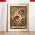 Moka pot pouring coffee wall art in a sunlit boho living room with rust and olive tones