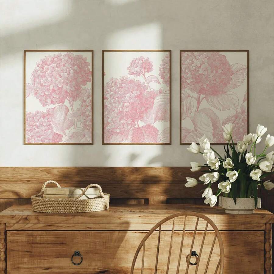 Vintage pink floral wall art trio with delicate hydrangea illustrations