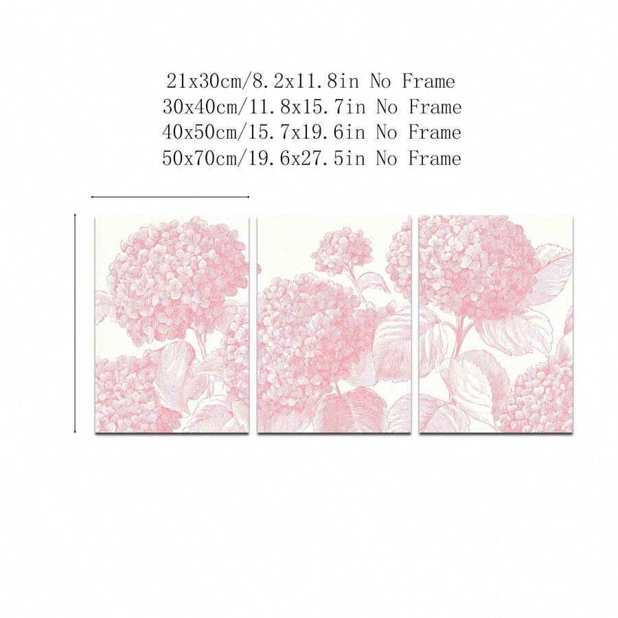 Three coordinated pink hydrangea wall prints for soft vintage decor