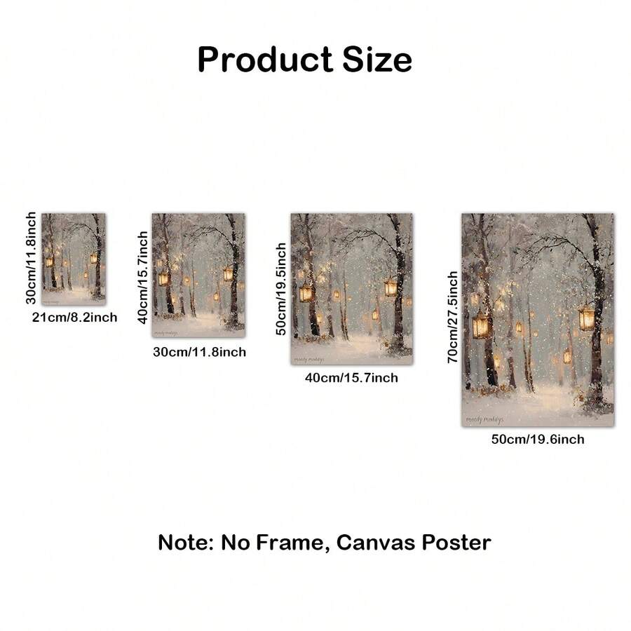 Size guide for unframed snowy forest lantern canvas poster in four portrait sizes