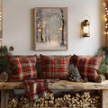 Winter forest lantern canvas print above a plaid bench with pinecones and firewood