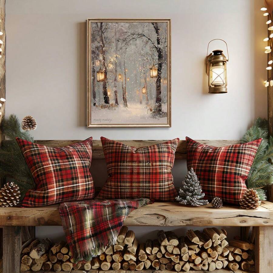 Winter forest lantern canvas print above a plaid bench with pinecones and firewood