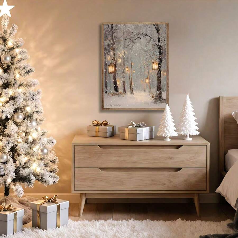 Winter lantern forest wall art above a dresser beside a flocked Christmas tree