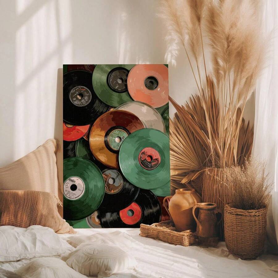 Framed colorful vinyl record collage canvas print above a wooden dining table with hydrangeas