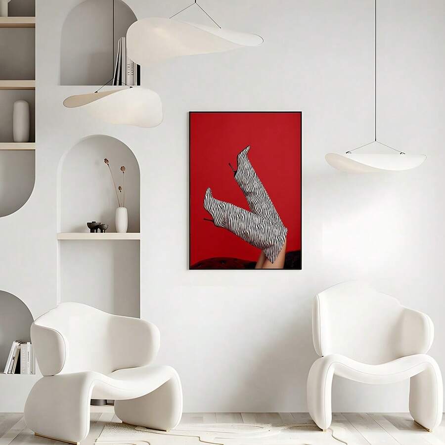 Zebra Striped High Heels Boots Red Background Fashion Photography Canvas Poster