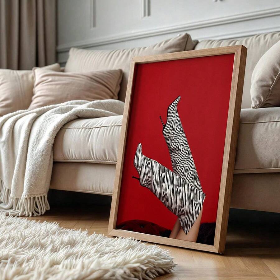 Zebra Striped High Heels Boots Red Background Fashion Photography Canvas Poster