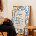 Blue floral Christian wall art with script and serif typography
