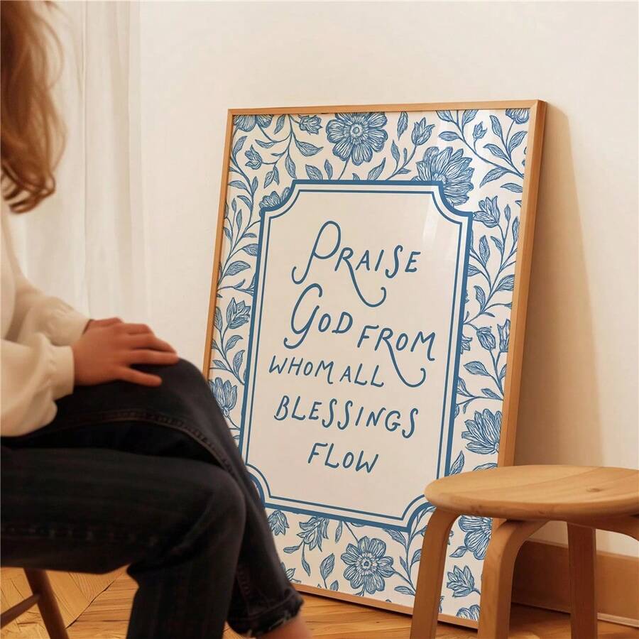Blue floral Christian wall art with script and serif typography