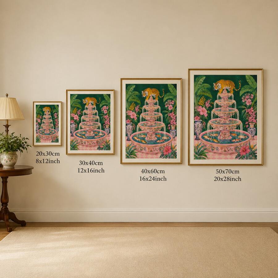 Size comparison for Chinoiserie tiger fountain canvas poster from 20 by 30 to 50 by 70 centimeters
