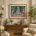 Landscape tiger fountain wall art above a wooden console in a formal living room
