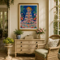 Vivid blue Chinoiserie tiger fountain canvas print above a painted dresser in a sunlit hall