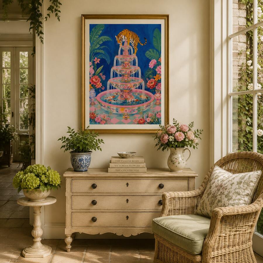 Vivid blue Chinoiserie tiger fountain canvas print above a painted dresser in a sunlit hall