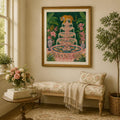 Vertical tiger fountain wall art above a floral chaise in a window-seat reading nook