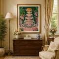 Framed Chinoiserie tiger fountain canvas print above a mahogany dresser in a traditional sitting room