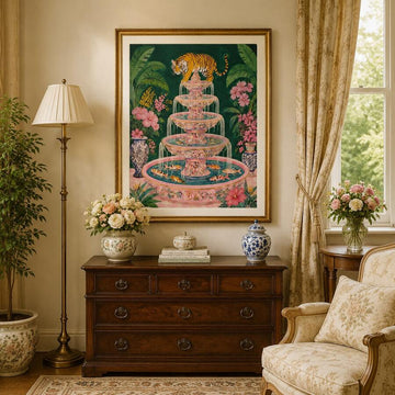 Framed Chinoiserie tiger fountain canvas print above a mahogany dresser in a traditional sitting room