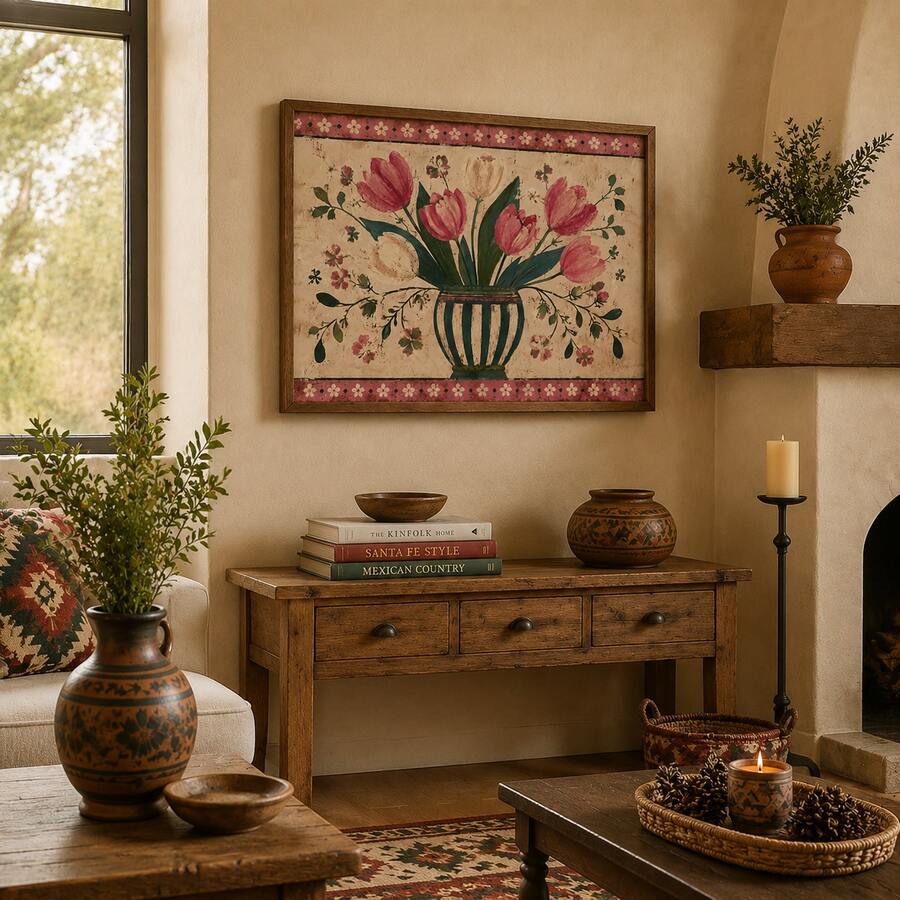 Scandinavian tulip vase canvas print above a rustic sideboard with candles and pottery