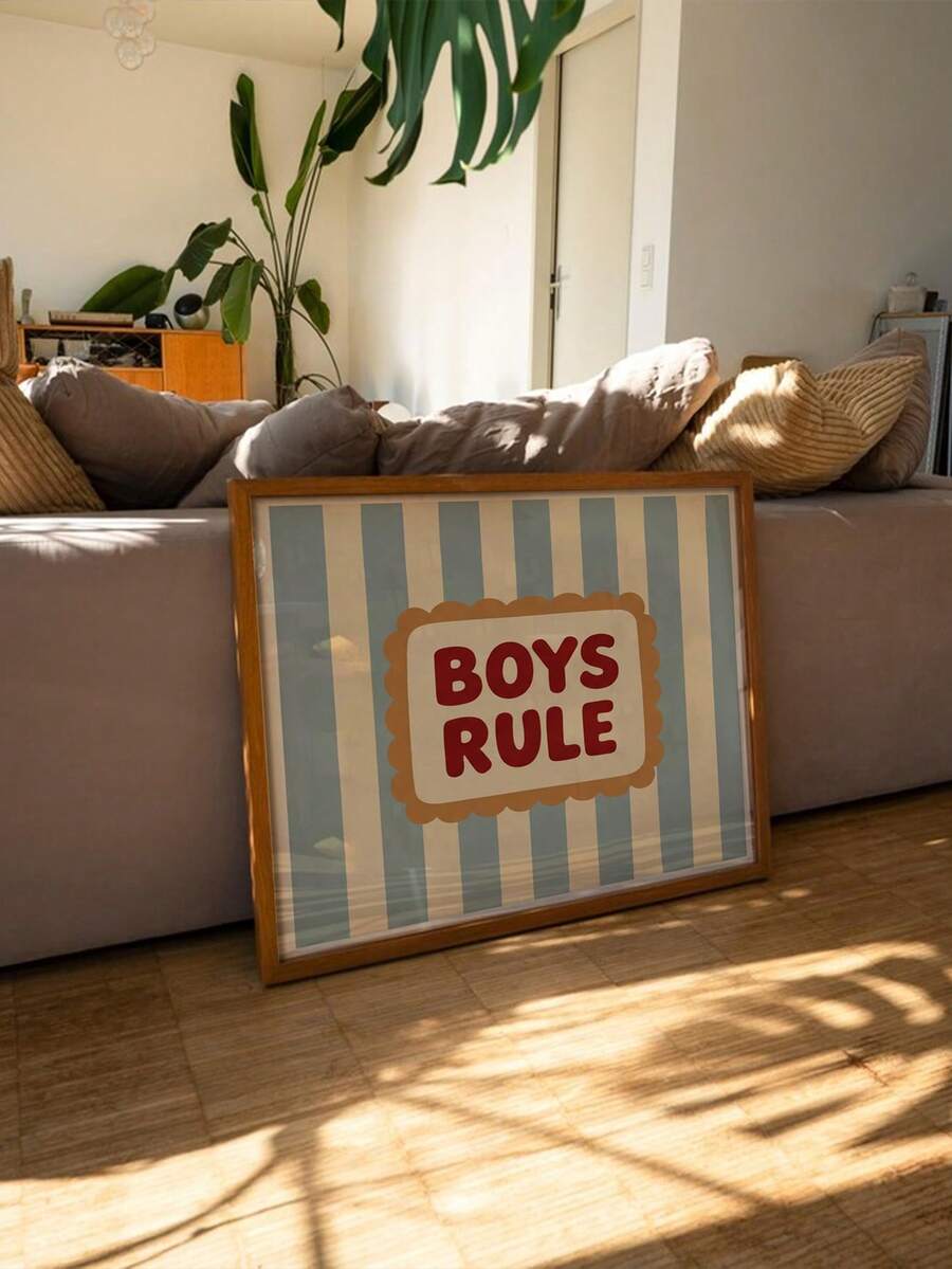 Boys Rule blue striped typography wall art displayed in a modern living room