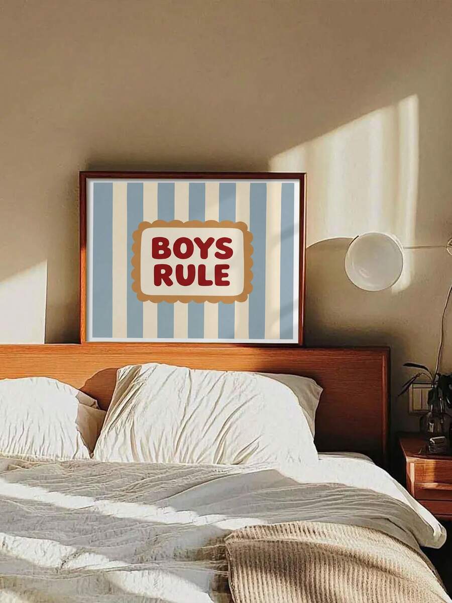 Framed Boys Rule retro stripe canvas poster in a boy’s bedroom