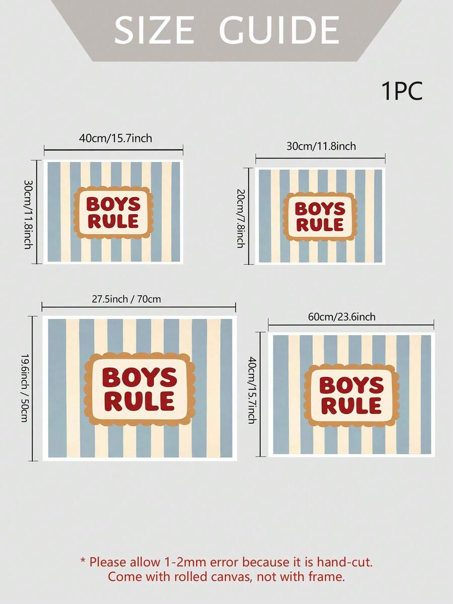 Size guide for Boys Rule canvas poster with unframed rolled canvas options