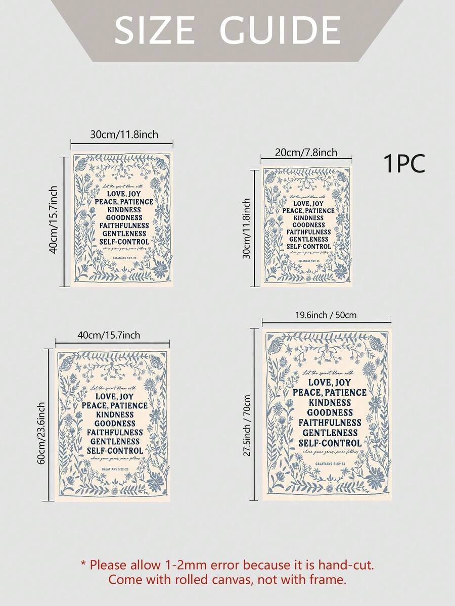 Size guide for Galatians blue floral rolled canvas poster with unframed options
