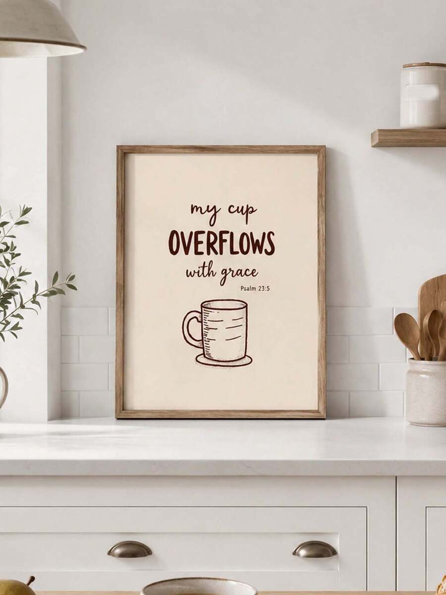 Psalm 23:5 coffee cup wall art displayed in a bright kitchen