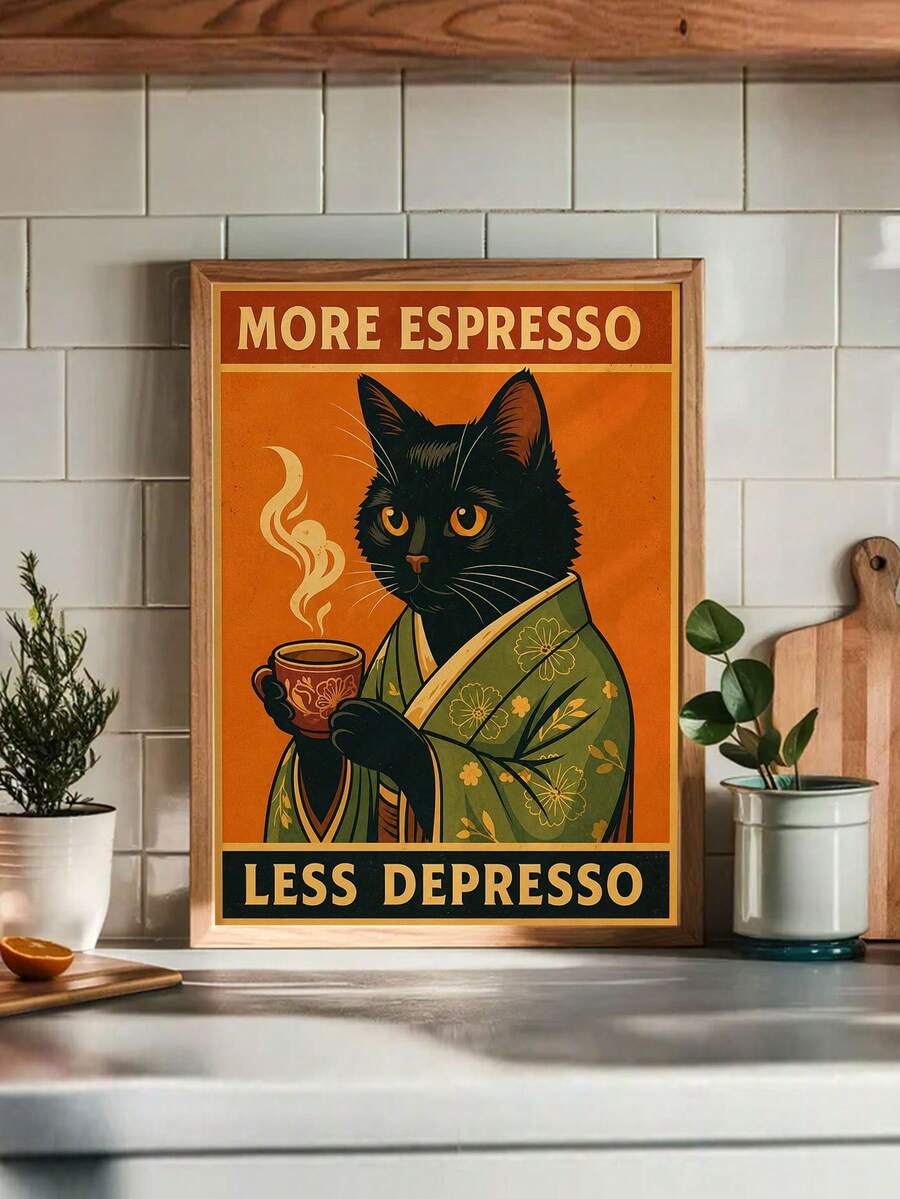 Vintage black cat espresso poster displayed in a warm kitchen coffee corner