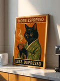 More Espresso Less Depresso cat canvas wall art in a black frame above wood cabinetry