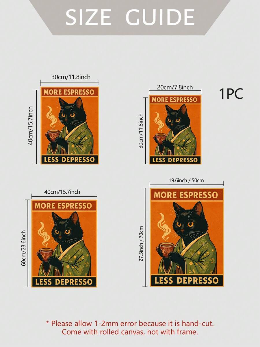 Coffee First People Later black cat canvas poster styled near a coffee bar